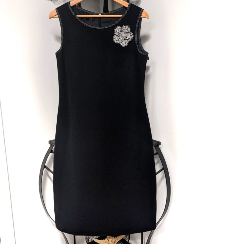 Escada Vintage Black Pure New Wool Floral Applique Sleeveless Dress Size 40